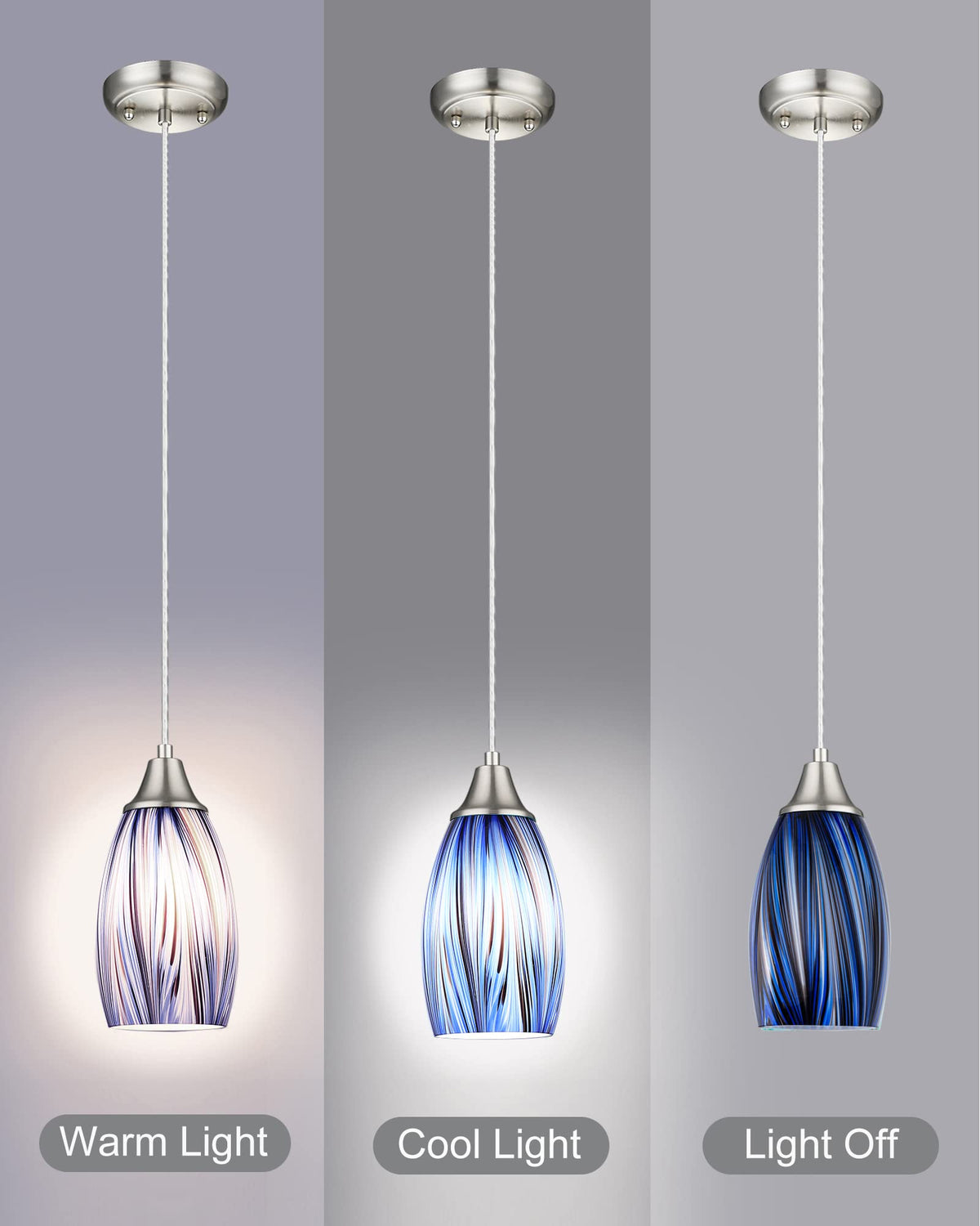 Dark Blue Glass Mini Pendant Lights for Kitchen Island 3Pack Blown Art Glass Pendant Lighting Shade Hanging Pendant Lights with Brushed Nickel Finish for Kitchen Over Sink (Dark Blue mixing Brown black-3Packs)
