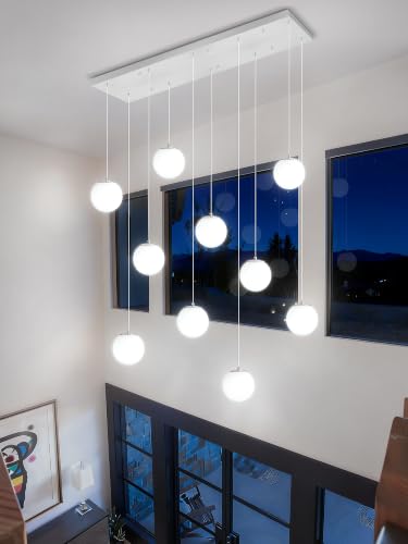 Chandeliers for Living Room Silver Pendant Light with White Globe Glass Dimmable Ceiling Light Rectangular Flush Mount Chandeliers Ceiling Light for Kitchen Island (Silver-White / Rectangle 10-Light)