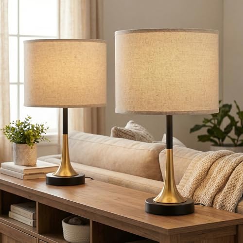 16.5'' Modern Table Lamps Set of 2 with Gold Metal Base and Linen Shade