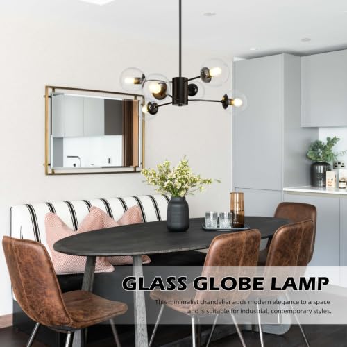 6 Light Globe Sputnik Chandelier Modern Black Sputnik Chandelier Mid Century Pendant Light Matte Black Finished with Clear Globe Glass Lampshade Chandeliers for Dining Room Kitchen (Clear, Black, M)