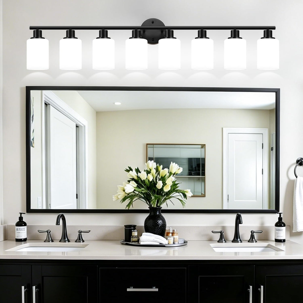 8 Light Bathroom Light Fixtures (Matte Black & Milky White Glass / 8-light)
