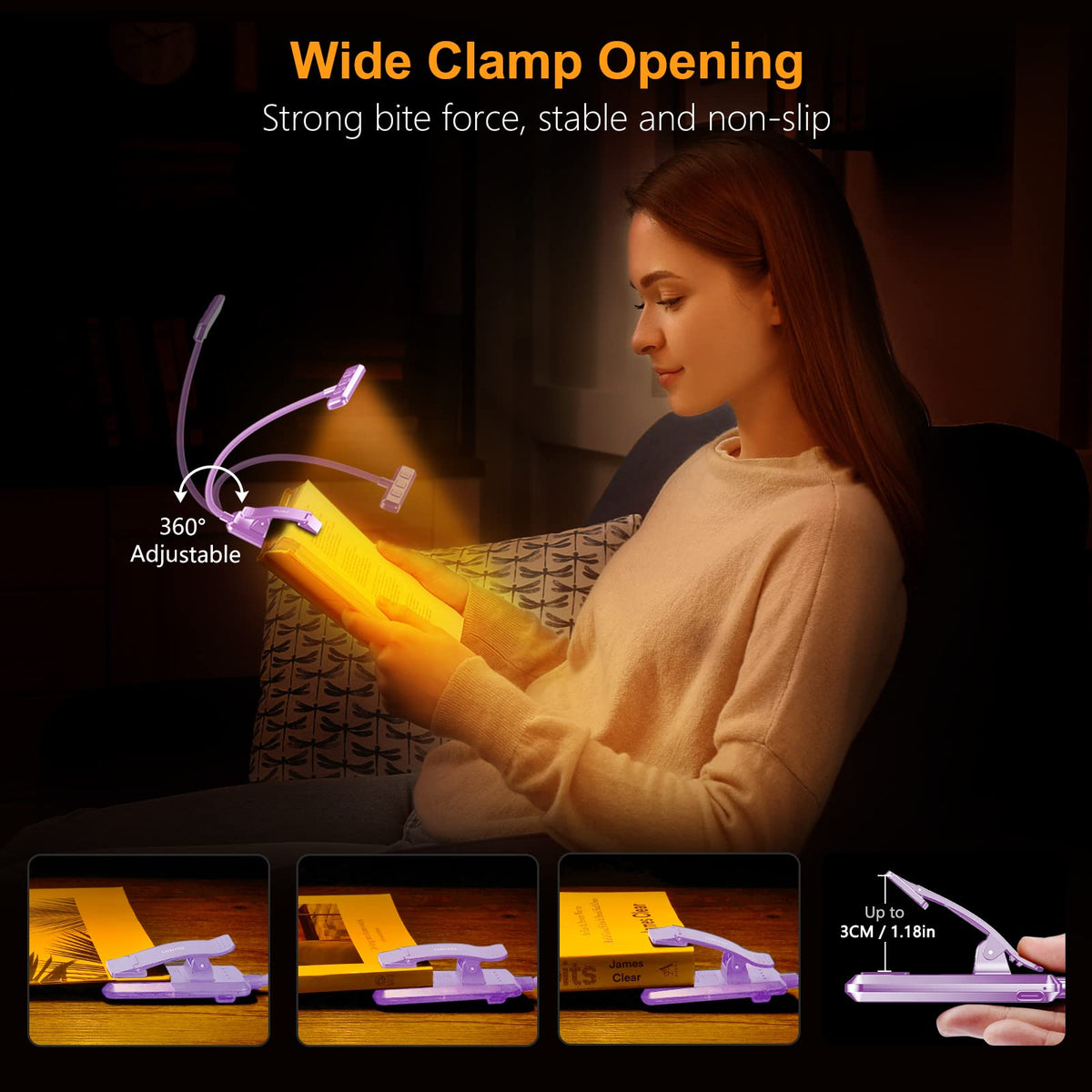 19 LED Rechargeable Book Light for Reading in Bed (Purple)