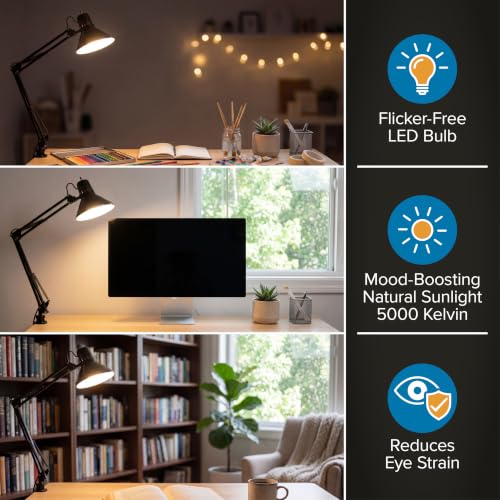 Office VLF100 LED Swing Arm Desk Lamp with Clamp Mount (36" Reach / Clamp, Black)