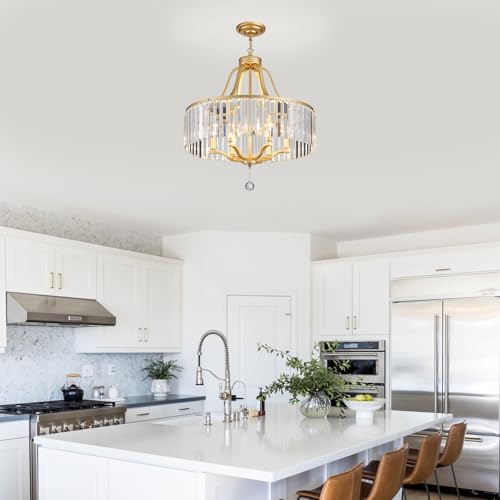 6 Light Crystal Gold Chandeliers for Dining Room 22 Inch Modern Farmhouse Chandelier Large Pendant Lighting Fixture Round Hanging Lamp for Living Room Kitchen Island Hallway Bedroom Foyer Hall (168-Gold)