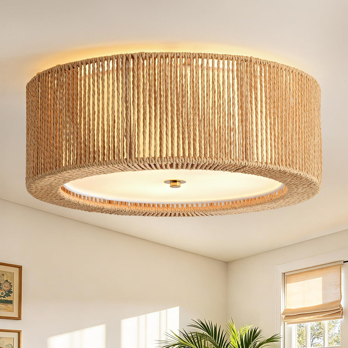15.7" Boho Ceiling Light (Vertical Weave- Brown / 15.7")