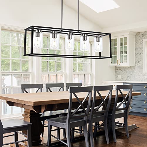 Modern Chandeliers Brushed Nickel and Black 5 Light Rectangle Dining Room Lighting Fixtures Hanging with Clear Glass Shade (Black and Brushed Nickel / 5 Light)
