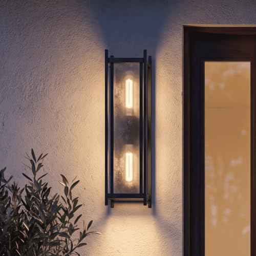 5-3805-BK Jacobs Mid-Century Modern Clear Mica Glass Outdoor Wall Lantern, 2-Light 120 Total Watts, 22" H x 6" W, Matte Black (22" Height / Matte Black)