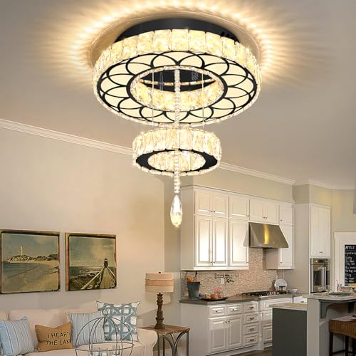 Dia 16" Black Modern Crystal Chandeliers Flush Mount Chandelier Dimmable LED Light Crystal Ceiling Light for Hallway Bedroom Living Room Dining Room (Black / W:16inches)