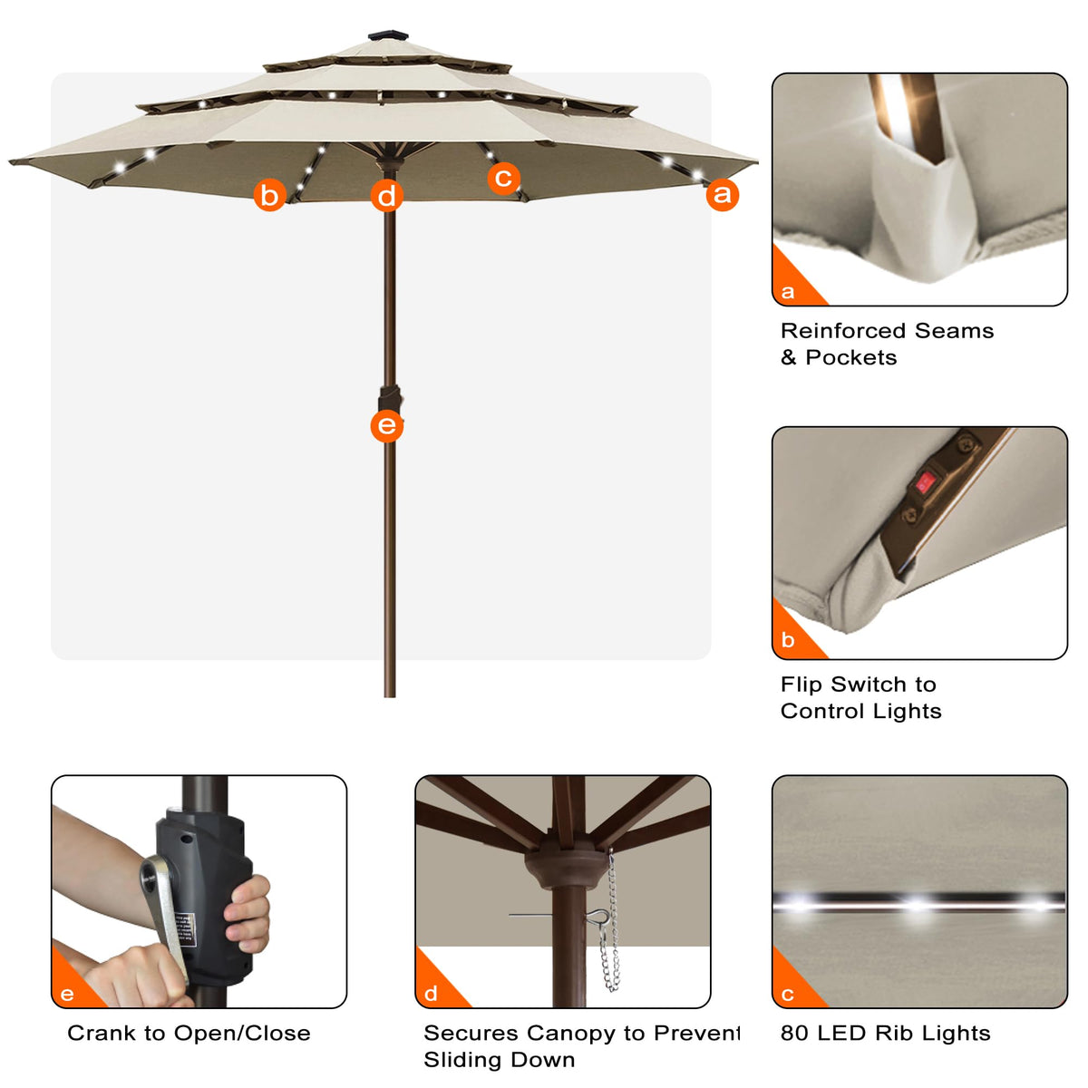 USA 10-Year-Non-Fading Solar Market Umbrella with 80 LED Lights Patio Umbrellas Outdoor Table Umbrella with Ventilation, Antique Beige, 10FT(Triple Vents No Tilt) (Antique Beige / 10FT(Triple Vents No Tilt))