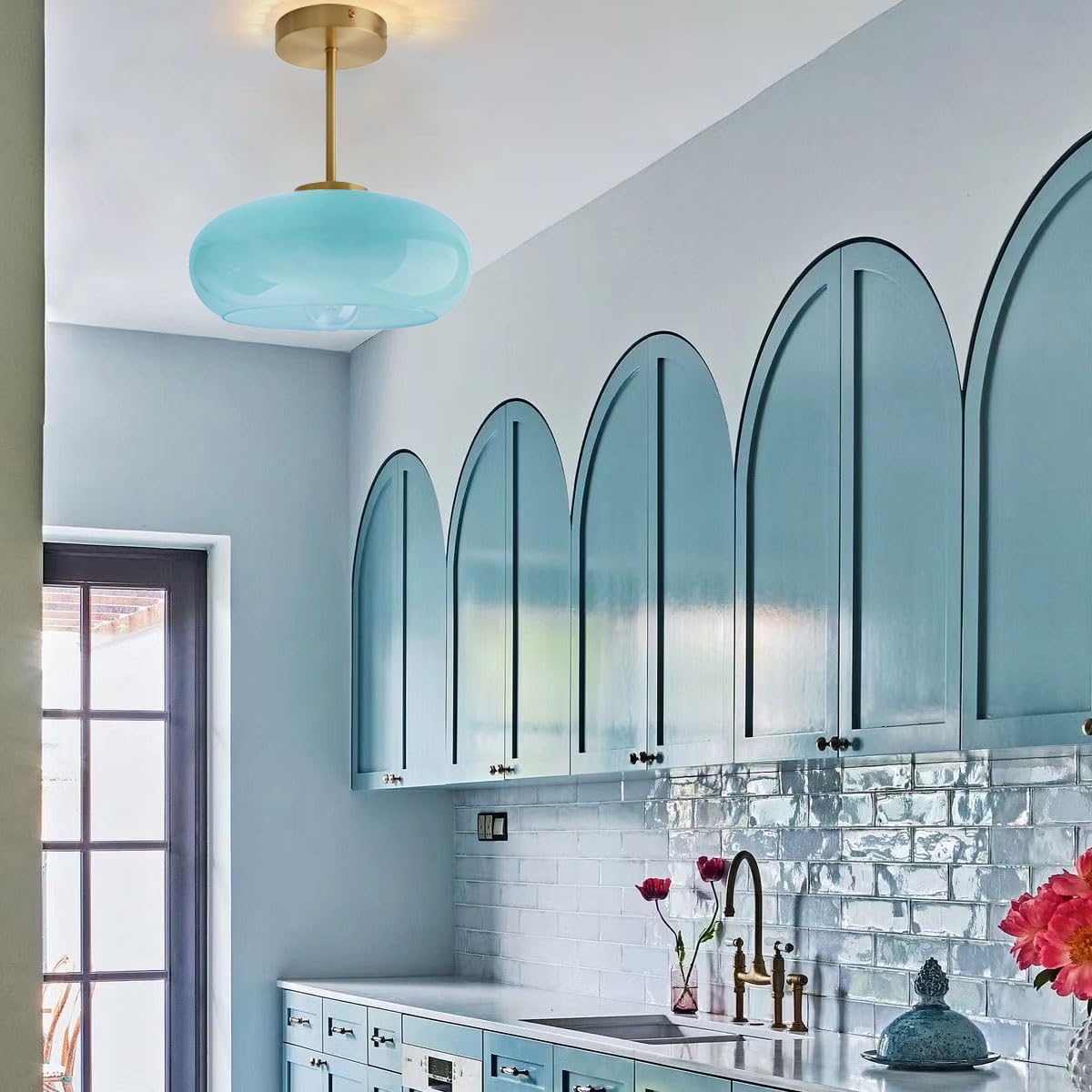 Semi Flush Mount Ceiling Light Blue Glass Ceiling Lights 11" Large Globe Shade Vintage Brushed Gold Brass Flush Mount Lamp Modern Close to Light Fixture for Hallway Bedroom Entrance (Blue)