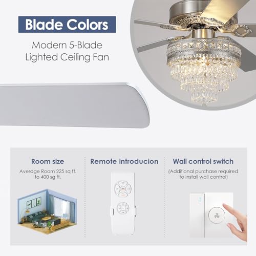 52" Silver Crystal Chandelier Ceiling Fans with Lights and Remote Control (Silver-52Inch)
