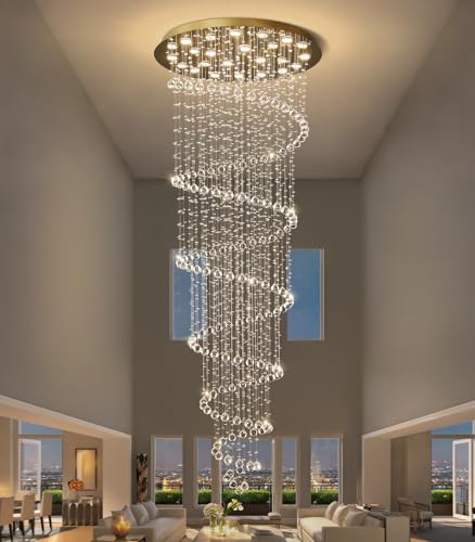 W47 x H118 High Ceiling Chandelier with LED Bulbs Dimmable Long Light Glam Chandeliers Crystal Pendants Light Fixtures for Foyer Entryway Living Room Stair Gold (Gold / Spiral W47" X H118")