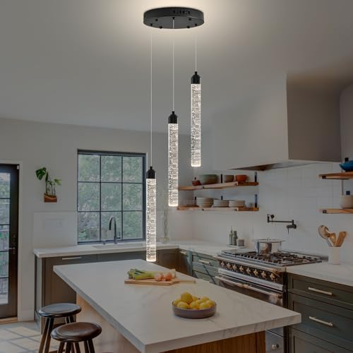 3 Lights High Ceiling Crystal Staircase Chandelier Black Pendant Lights Modern Spiral Raindrop Dimmable LED Bubble Cluster Ceiling Hanging Lighting Fixture for Foyer Living Room Remote Control (Black / 3 lights)