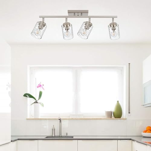 4 Light Tracking Lights Brushed Nickel Rotatable Flush Mount Ceiling Light with Clear Hammered Shade (Brushed Nickel / 4 Lights)
