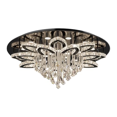 W40 Modern Black Crystal Chandelier for Living Room High Ceiling Crystal Raindrop Chandelier Flush Mount Chandeliers for Foyer Hallway Dimmable 2700K (Black / W:40inches)