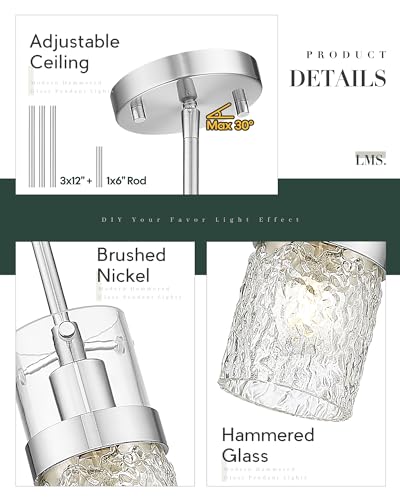 Brushed Nickel Pendant Lights Kitchen Island 2 Pack (Silver -Hammered Glass / 3.5" Hammered Glass, 2-Pack)