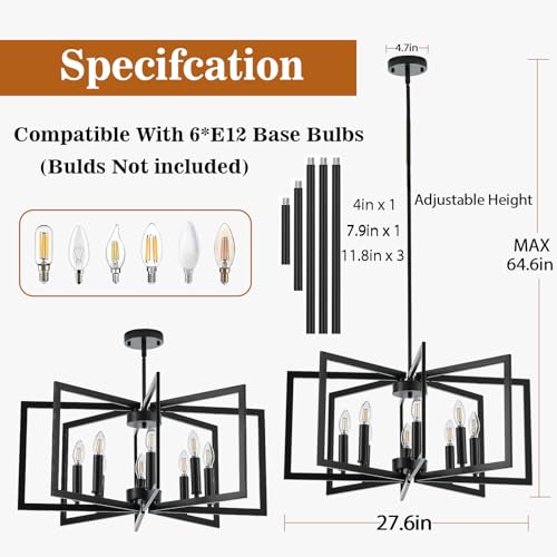 6 Light Wagon Wheel Chandelier Black Modern Farmhouse Light Fixture with Glass Shade Ceiling Hanging Pendant Light for Dining Room Living Room Kitchen Island Entryway Foyer