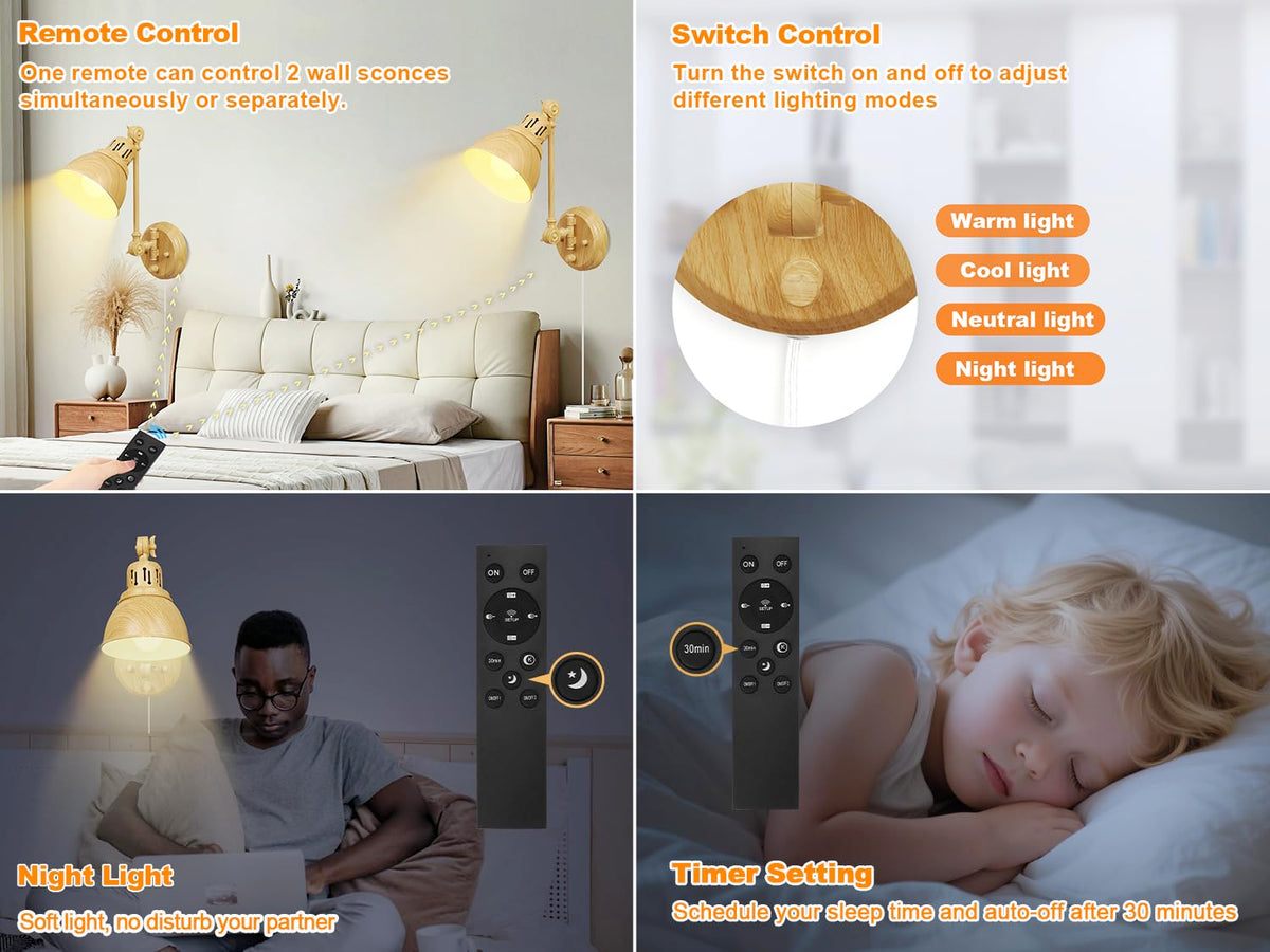 2 Pack Plug in Wall Sconces with Remote Control (Oak-2 PACK(Bulbs+Remote))