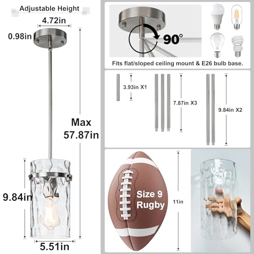 Modern Brush Nickel Hammered Glass Pendant Lights for Kitchen Dining Room (Nickel-2 Pack)