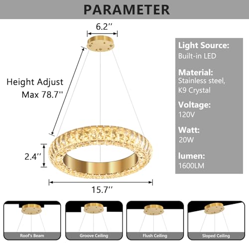 16" Ring Modern LED Dimmable Crystal Chandelier Adjustable Height Pendant Light Round Crystal Chandelier Light Fixtures for Dining Room Living Room Kitchen Island Gold (Gold / 1 Ring Round 16")