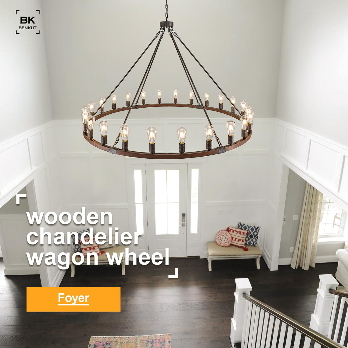 Farmhouse Wagon Wheel Chandelier 59" Black Rustic Light Fixtures 24 (Walnut / 24-Light 59 inch)