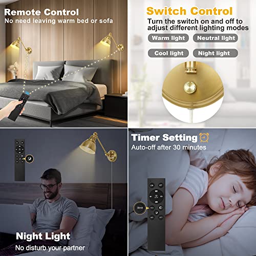 Plug in Wall Sconces Set of Two with Remote (Gold-2 PACK(Bulbs+Remote))