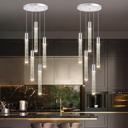 5 Lights Chandelier Modern Crystal Glam Light Remote Dimmable Pendant Lighting for Kitchen Island Dining Room Shiny Silver Light (5 lights / Silver)