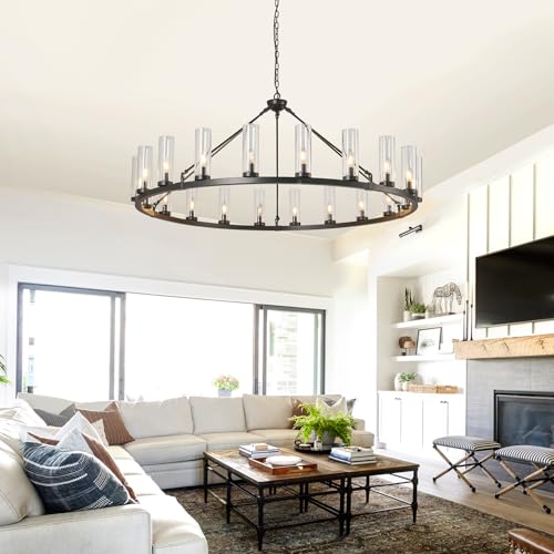 20 Light Large Wagon Wheel Chandelier with Clear Glass Shade Black Round Pendant Light Farmhouse Industrial Chandeliers Dining Room Light Fixture for Stair Living Room Foyer Kitchen (Black / 1 Tier-20 Lights)