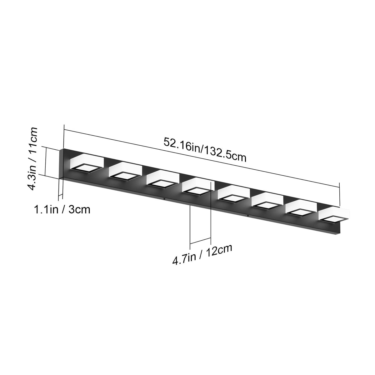 52inch Black Vanity Lights Fixtures 8 Lights LED Modern LED Acrylic Matte Black Vanity Lights Modern Black Bathroom Wall Lighting Over Mirror (Black-White light / 52 inch)