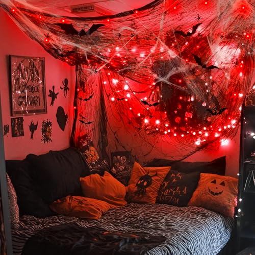 Halloween Spider Web Decorations with 32FT String Lights (Red Light)