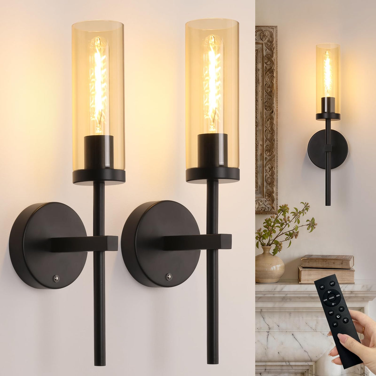 Set of 2 Wall Sconces (Black & Amber)