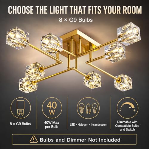 8 Light Gold Crystal Semi Flush Mount Sputnik Ceiling Light Fixture (Gold (8-light))