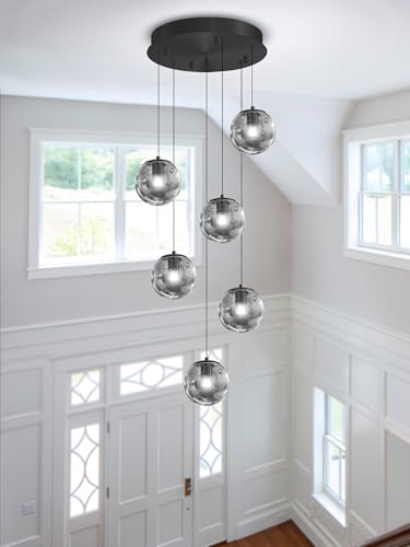 6 Light Globe Glass Pendant Light Modern Smoke Gray Glass Globe Chandelier Large Chandeliers for High Ceilings Entryway Adjustable Hanging Light for Living Room Foyer Hallway (Smoke Grey / Globe 6-Light)