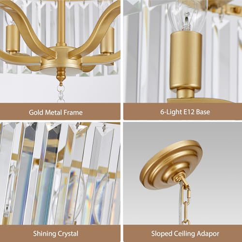 6 Light Crystal Gold Chandeliers for Dining Room 22 Inch Modern Farmhouse Chandelier Large Pendant Lighting Fixture Round Hanging Lamp for Living Room Kitchen Island Hallway Bedroom Foyer Hall (168-Gold)