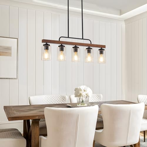 5 Light Wood Dining Room Light (Seeded Glass / 5-Light)