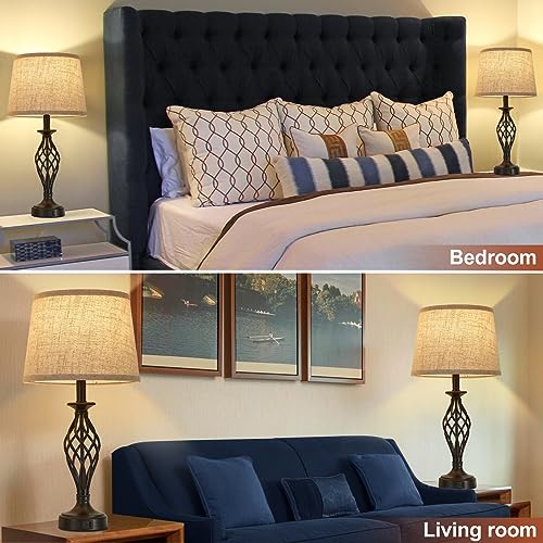 Table Lamp for Bedroom Set of 2 with USB C+A Ports (Black Base + Beige Lampshade)
