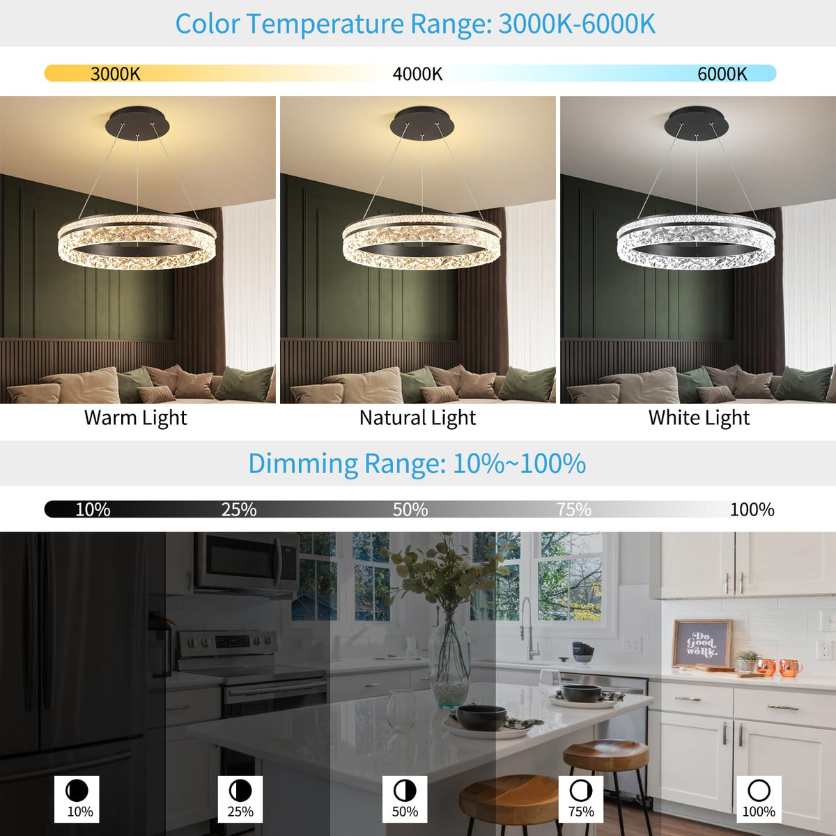 Modern LED Chandelier 1 Ring 19.7in Pendant Lighting for Kitchen Island 50W Dimmable LED Pendant Ceiling Light Black Hanging Light Fixtures with Remote for Kitchen Dining Room Bedroom Living Room (1 Ring / Black 19.7in)