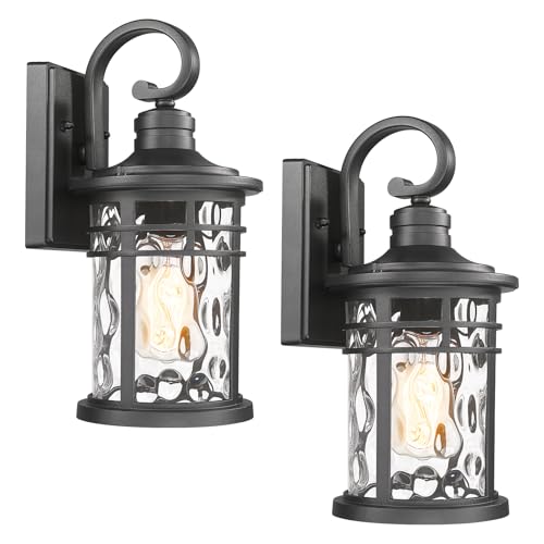 2PCS Outdoor Porch Lights Wall Mount Sconces with Water Ripple Glass Outdoor Lighting Waterproof Exterior Lantern for House Front Porch Patio Garage Doorway Garden (2Packs-Water Ripple Glass / Medium)