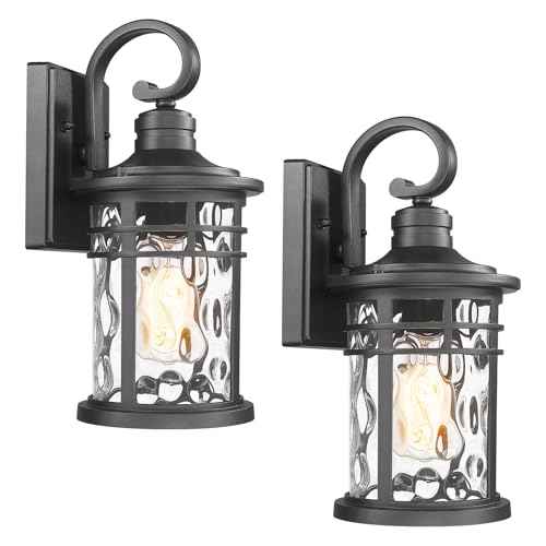 2PCS Outdoor Porch Lights Wall Mount Sconces with Water Ripple Glass Outdoor Lighting Waterproof Exterior Lantern for House Front Porch Patio Garage Doorway Garden (2Packs-Water Ripple Glass / Medium)
