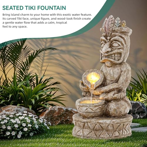 23" H Tiki Statue Outdoor Water Fountain with LED Lights (Tiki Natural Wood Color)