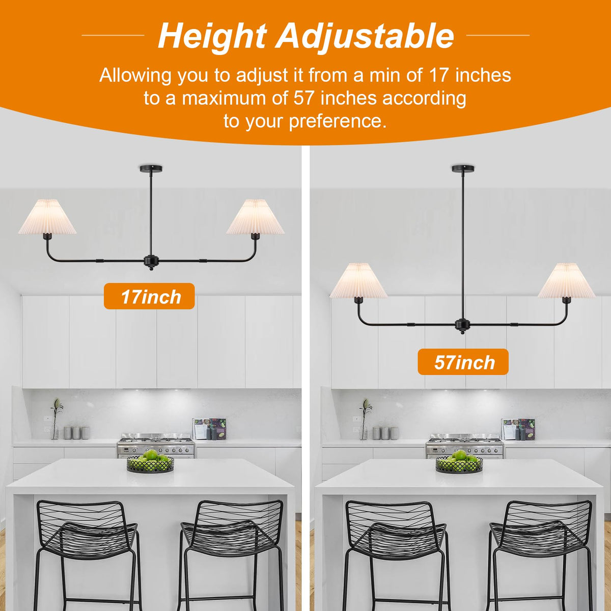 55" Black Modern Chandelier (Black-2 Lights)