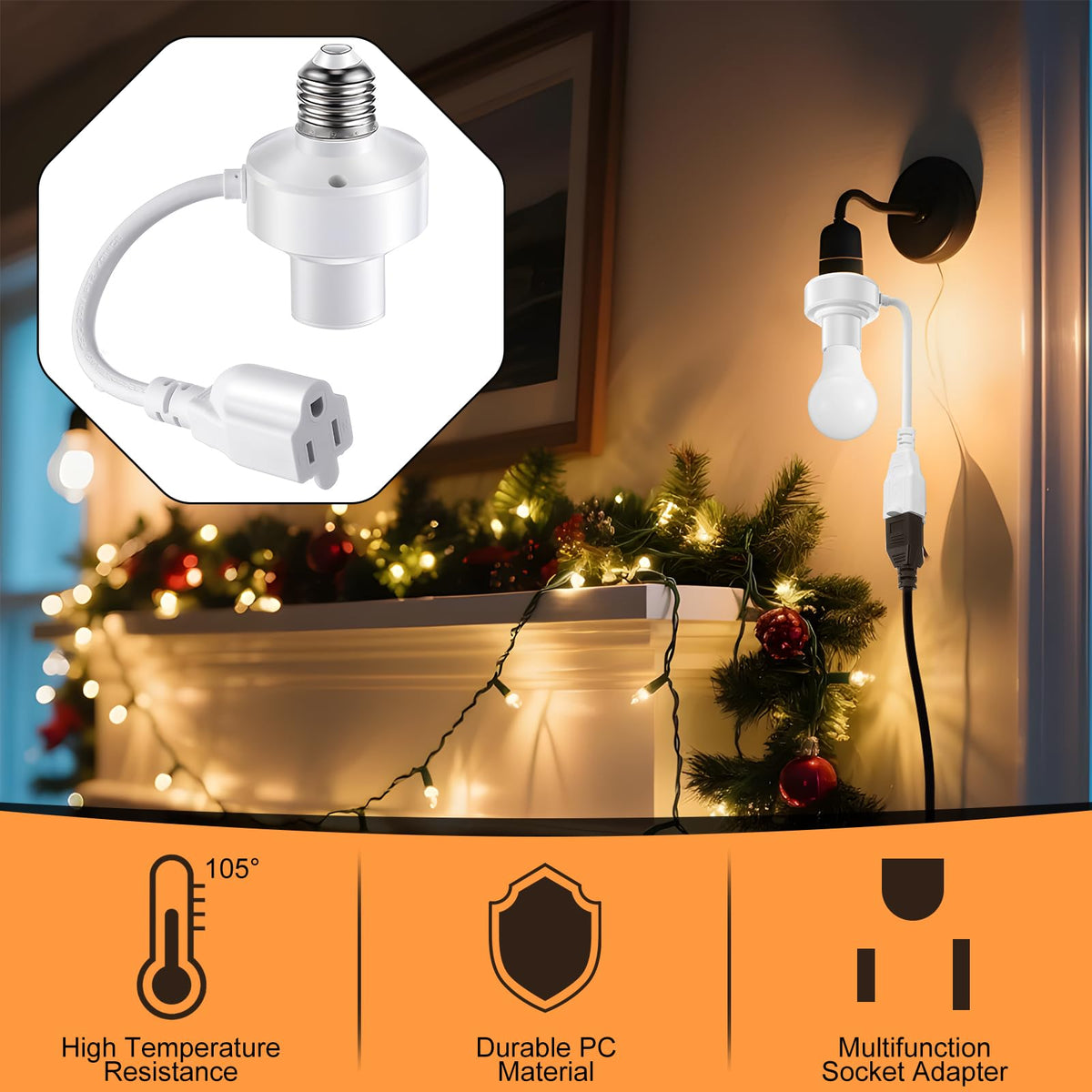 3 in 1 E26 Light Socket Outlet Adapter (White)