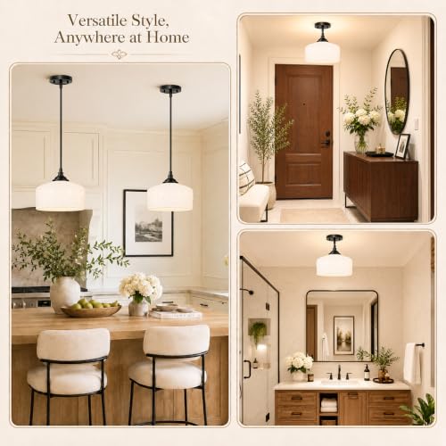 Black Vintage Pendant Light for Island Glass Kitchen Pendant Light (Black+White Patterned Glass / 9.45in)