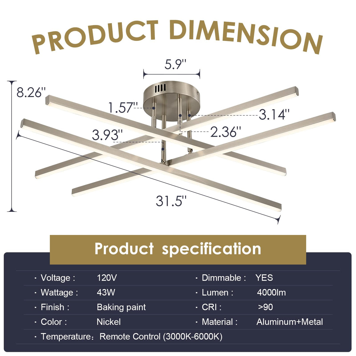 Nickel Modern LED Chandelier Large 31.5" Semi (Nickel-A / 4 Lights - Remote Control - 31.5")