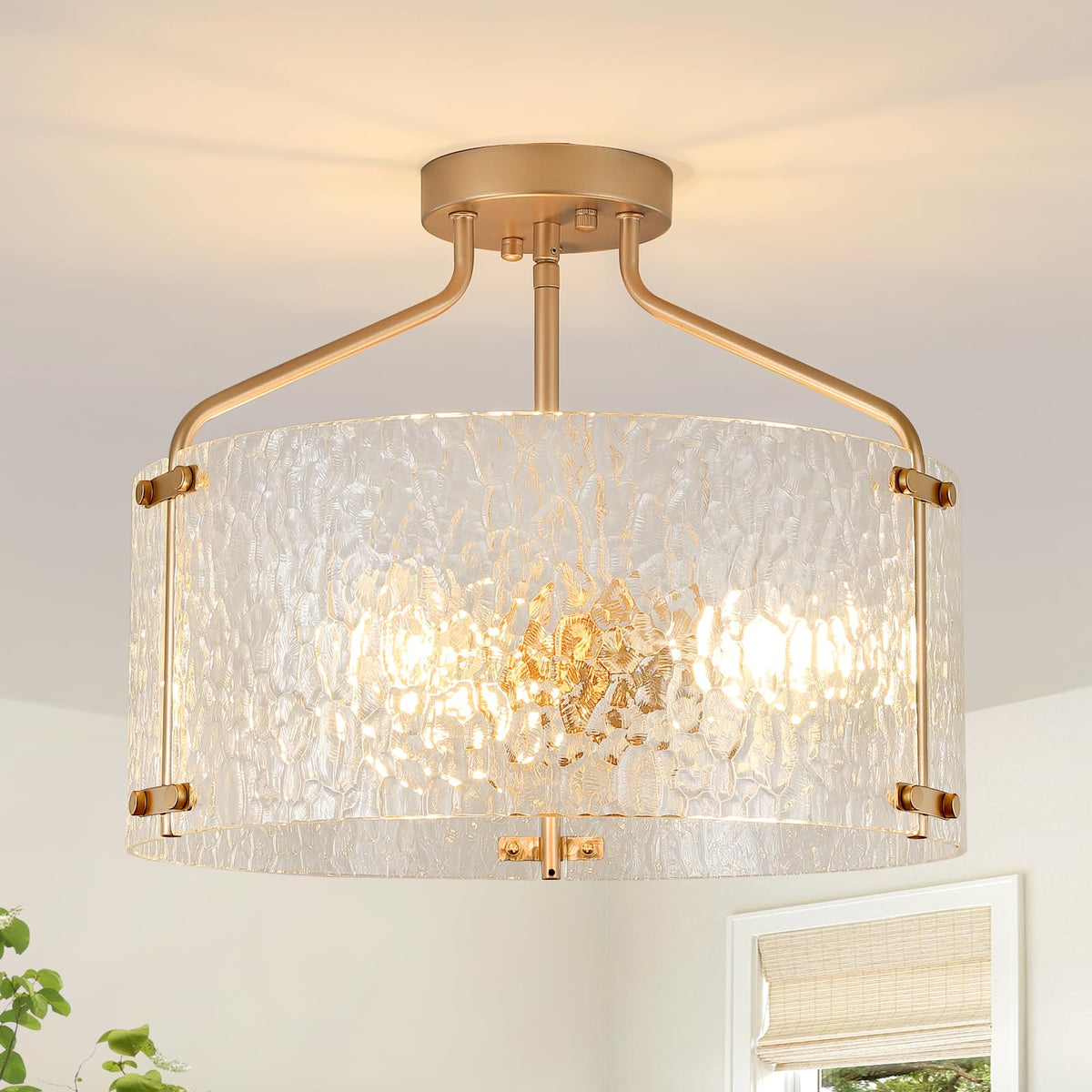 Semi Flush Mount Ceiling Light Fixture Glass Drum Chandelier Entryway Light (Gold / 3-Light)