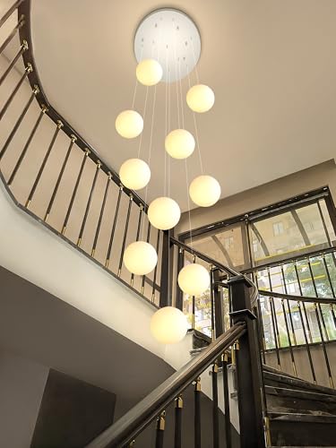 LED Staircase Chandelier Glass Globe Pendant Light Chrome Large Chandeliers for High Ceiling (Silver-White / Globe 10-Light)