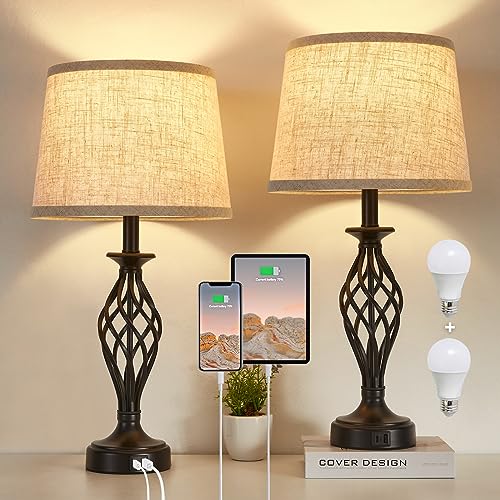 Table Lamp for Bedroom Set of 2 with USB C+A Ports (Black Base + Beige Lampshade)