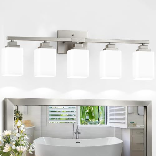 Brushed Nickel Bathroom Light Fixtures (Nickel-White Shade / 5-Light)