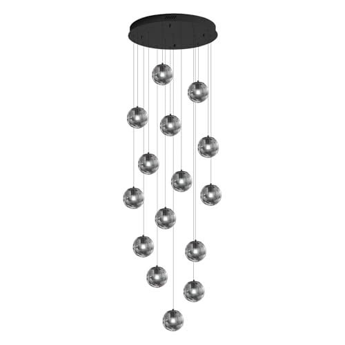 H138 Modern Smoke Gray Glass Globe Chandelier Large Chandeliers for High Ceiling 15 (Smoke Grey / Globe 15-Light)