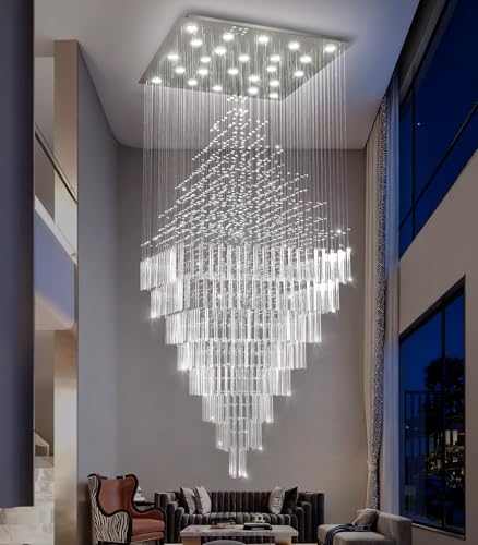 W47 x H120 Luxury Crystal Chandelier with LED Bulbs Glam Raindrop High Ceiling Square Light Chandeliers for Entrance Large Villa Foyer Living Room Lighting Fixtures Silver (Silver / Square W47" X H118")